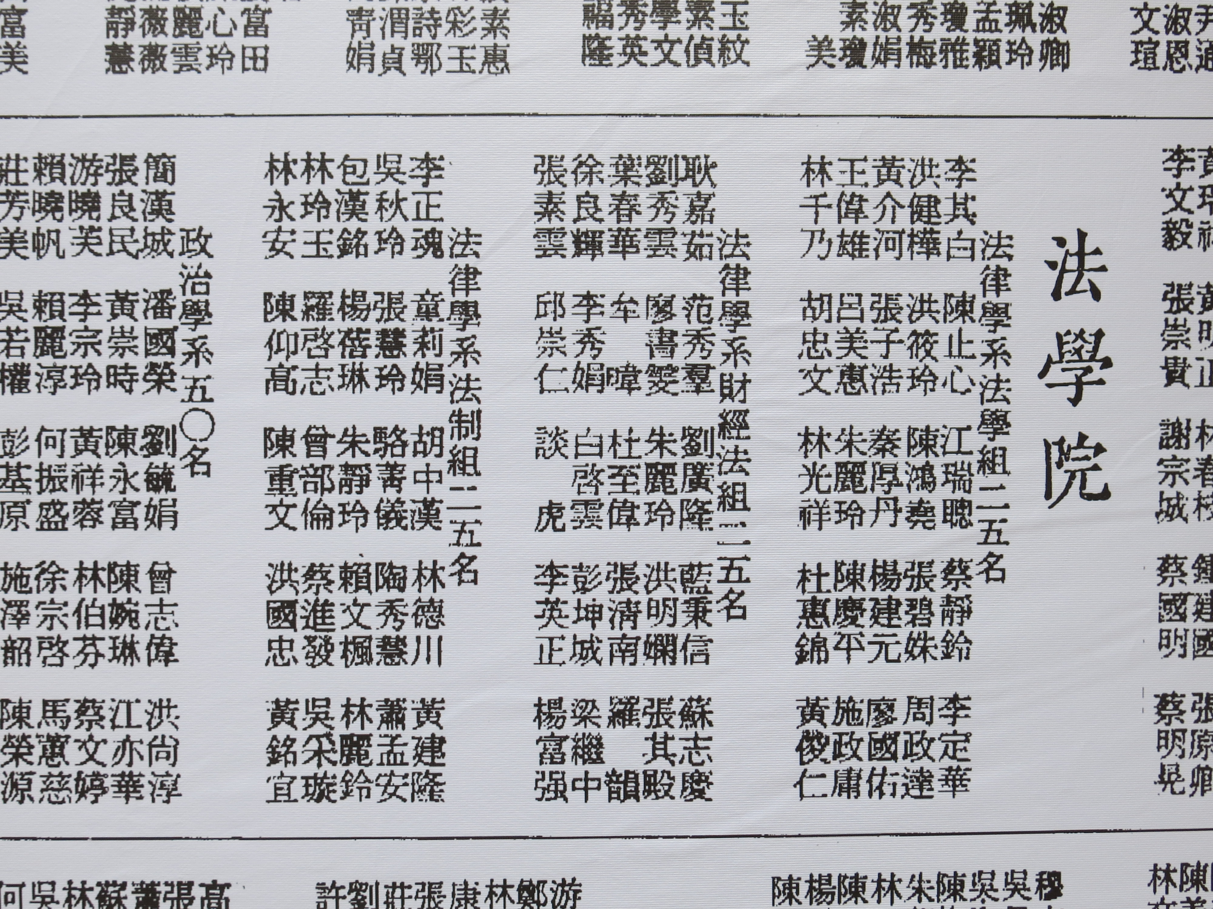 中央日報刊載之政大法律系錄取榜單。